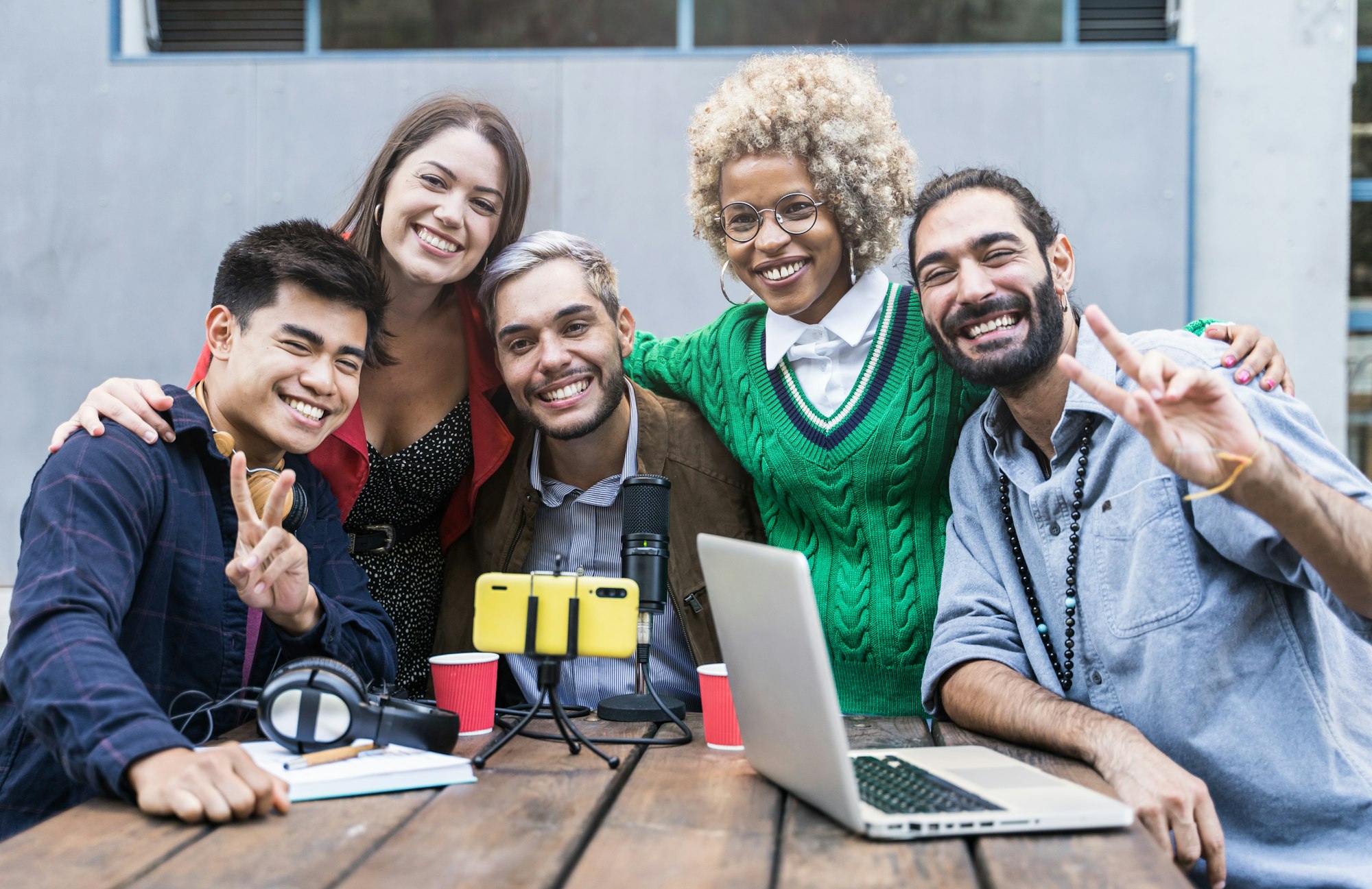 Portrait of Team of young coworker friends with digital technology working together